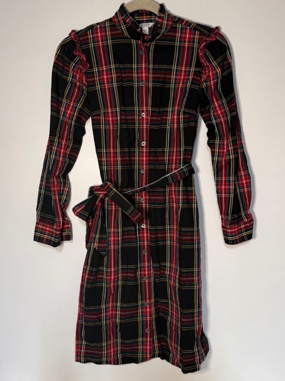 J Crew Shirt Dress Black Red Plaid Ruffle Trim Belt Prairie Academic